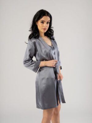 Jedwabny szlafrok damski krótki - Ciemny Szary