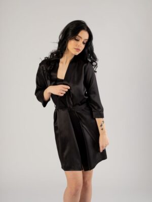 Jedwabny szlafrok damski krótki - Czarny