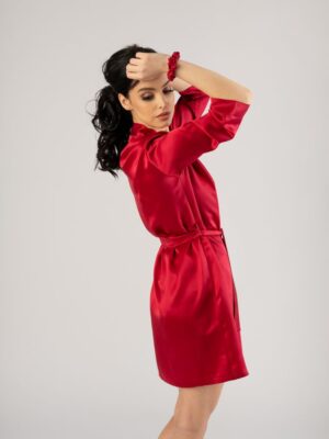 Jedwabny szlafrok damski krótki - Czerwony - obrazek 2