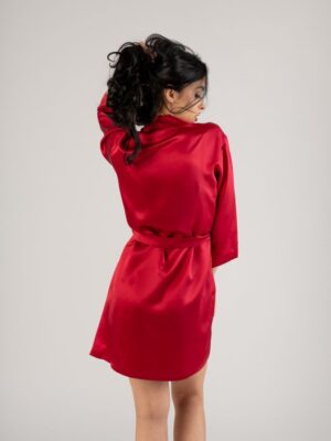 Jedwabny szlafrok damski krótki - Czerwony - obrazek 3
